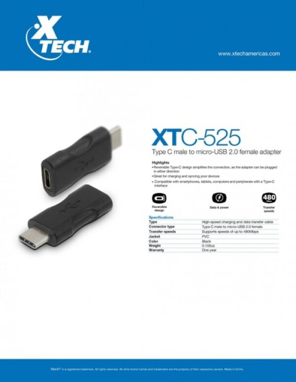 8002 XTECH XTC-525 TYPE C MALE TO MICRO USB FEMALE ADAPTER - Image 2